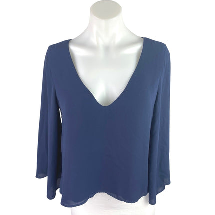 Zara Women's Blue Lace Up Open Back V-Neck Long Bell Sleeve Blouse Top Size S
