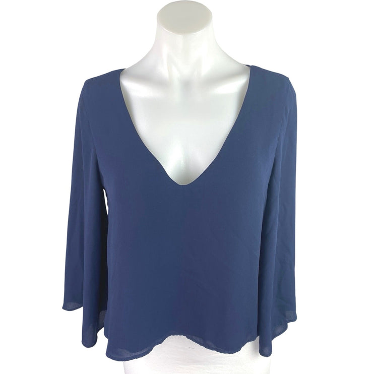 Zara Women's Blue Lace Up Open Back V-Neck Long Bell Sleeve Blouse Top Size S