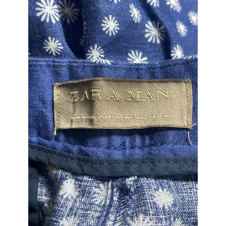 Zara Men's Blue Floral Mid Rise Slim Fit Straight Leg Bermuda Denim Shorts Sz S