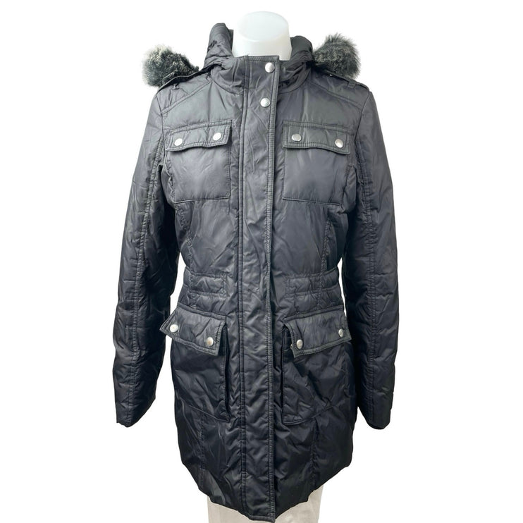 Aqua Black Faux Fur Trim Quilted Long Sleeve Hooded Puffer Parka Coat Jacket XS