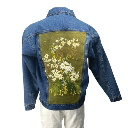 Army Navy Men's Blue Floral Embroidered Handmade Button Down Denim Coat Jacket M