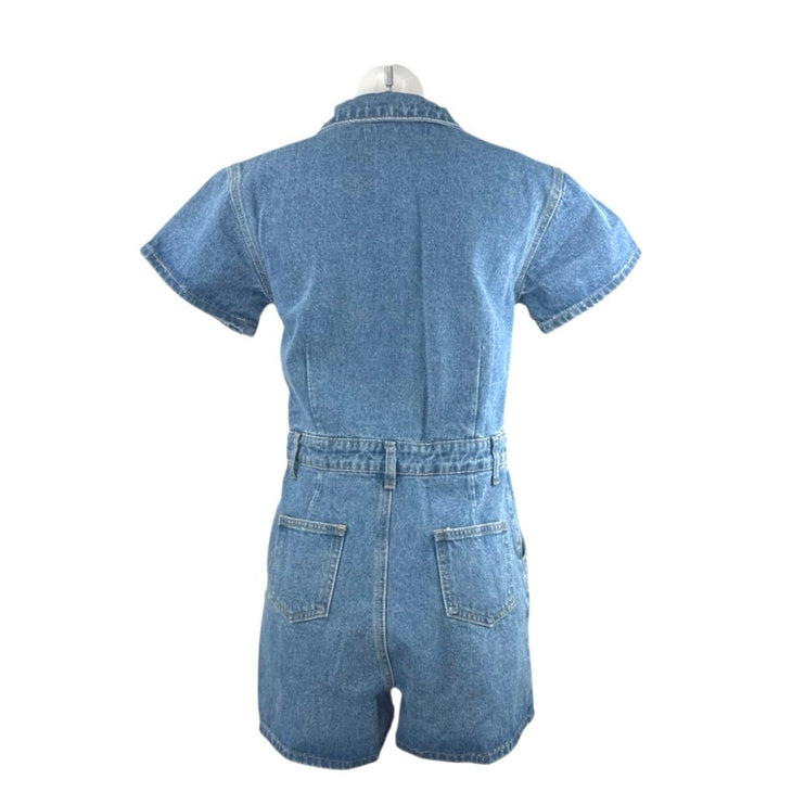 NEW Lioness Women Blue Short Sleeve Button Up Utility Denim Jean Romper Shorts M