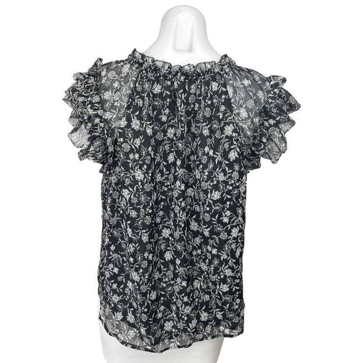 Old Navy Black Chiffon Floral Print Ruffle Short Sleeve Keyhole Blouse Top Sz L