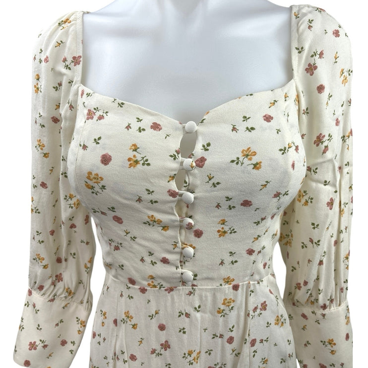 Reformation Cream Floral Long Sleeve Hooman Smocked Button Front A Line Mini Dress Sz 2