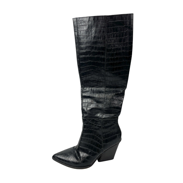 Dolce Vita Black Leather Crocodile Print Pointed Toe Knee High Cowboy Boots 9.5