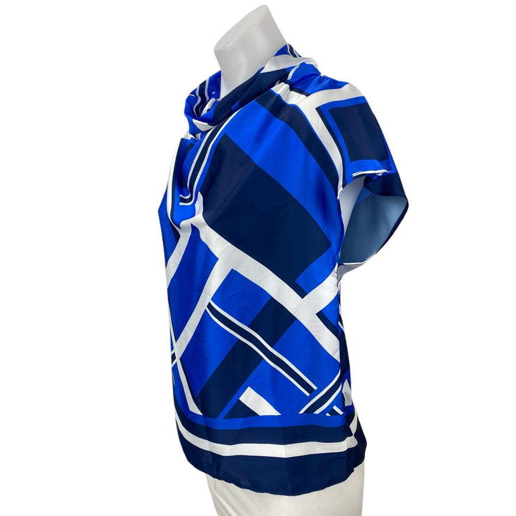 Zara Women's Blue Abstract Geometric Short Sleeve Cowl Neck Blouse Top Size S