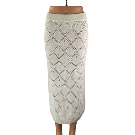 Women's White Ivory Argyle Open Knit Pencil Cover Up Sweater Midi Skirt Size S