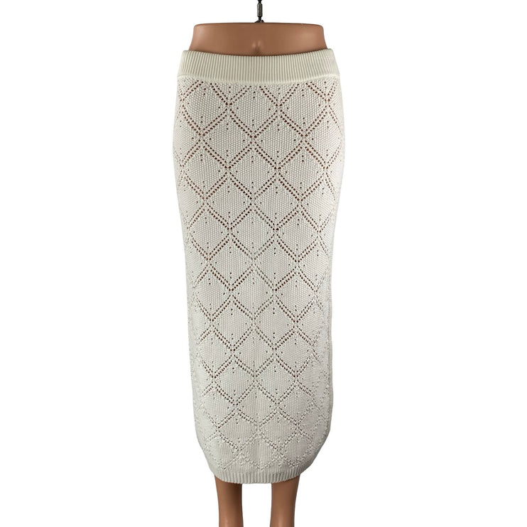 Women's White Ivory Argyle Open Knit Pencil Cover Up Sweater Midi Skirt Size S