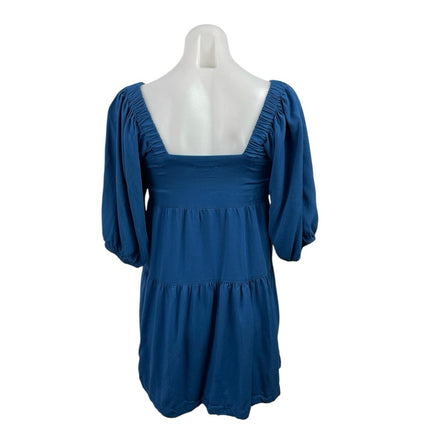 Shinestar Blue Square Neck 3/4 Sleeve Tiered Mini Babydoll Flare A-Line Dress XS