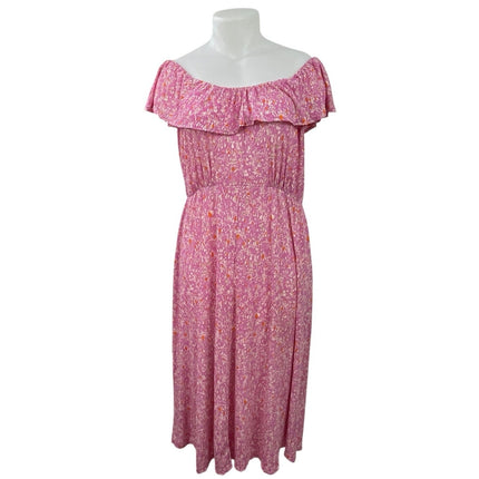 MNG Mango Pink Floral Off The Shoulder Ruffle Pleated A Line Maxi Dress Size 16