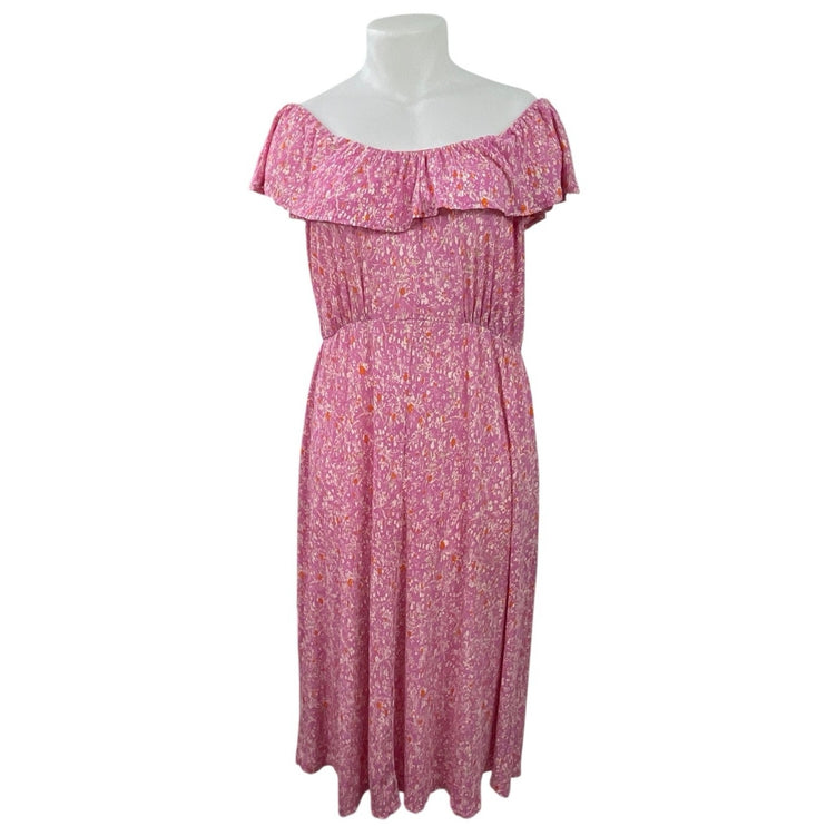 MNG Mango Pink Floral Off The Shoulder Ruffle Pleated A Line Maxi Dress Size 16