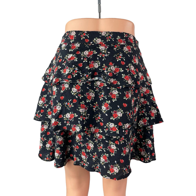 Zara Black Red Floral High Waisted Button Ruffle Tiered A Line Mini Skirt Size M