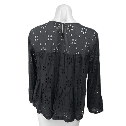 J.Crew Women's Black Embroidered Eyelet Tiered Boho 3/4 Sleeve Blouse Top Size M