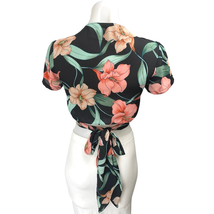 Olivaceous Women's Black Multicolor Floral Short Sleeve Crop Wrap Blouse Top S