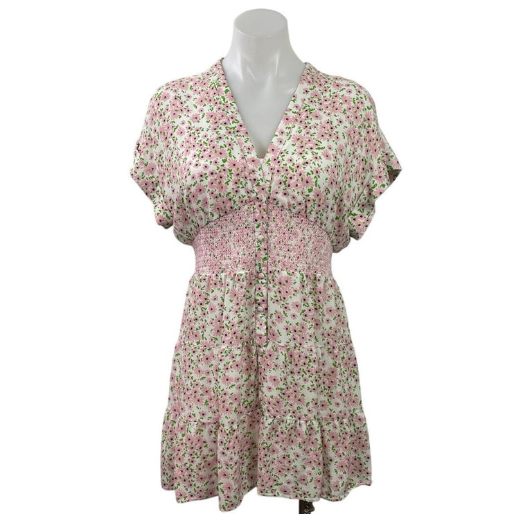 Alice + Olivia Keela Pink Floral V Neck Smocked Short Sleeve A Line Mini Dress 8