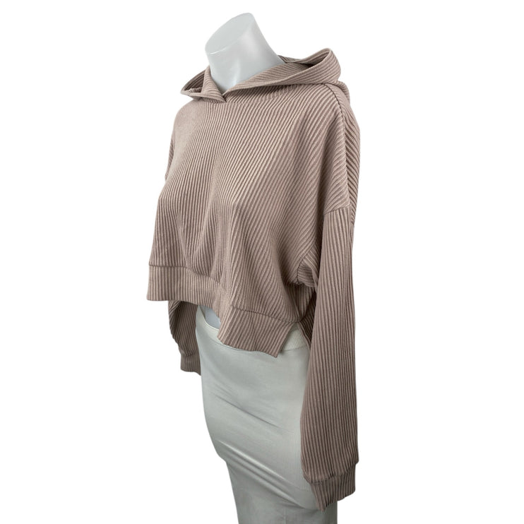 Alo Yoga Women's Beige Ribbed Knit Hoodie Hooded Long Sleeve Crop Sweatshirt S