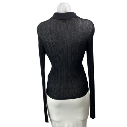 French Connection Women's Black Ribbed Knit Long Sleeve Henley Blouse Top Size L