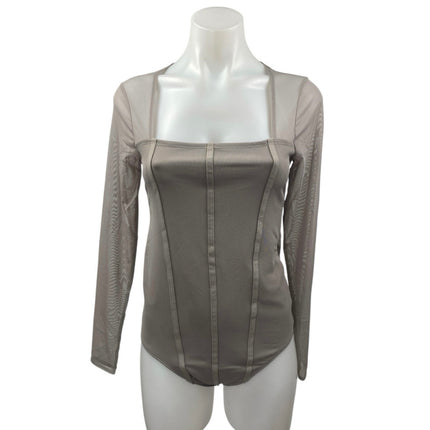 NEW Abercrombie & Fitch Tan Mesh Long Sleeve Square Neck Corset Bodysuit Top M