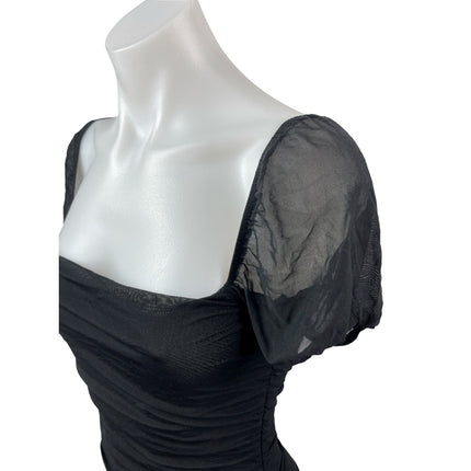 Princess Polly Black Short Puff Sleeve Mesh Square Neck Ruched Bodycon Dress S