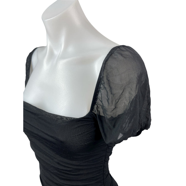 Princess Polly Black Short Puff Sleeve Mesh Square Neck Ruched Bodycon Dress S
