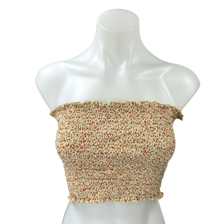 Brandy Melville Cream Floral Ruffle Smocked Strapless Tube Crop Tank Top Size 32