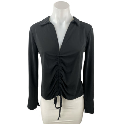 Zara Women's Black Collared Ruched Cinched Tie Long Sleeve Shirt Blouse Top Sz M