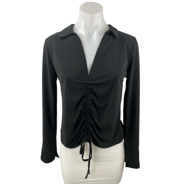 Zara Women's Black Collared Ruched Cinched Tie Long Sleeve Shirt Blouse Top Sz M