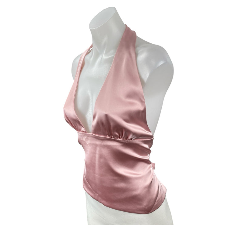 Zara Pink Silk Satin Halter Plunge V Neck Sleeveless Backless Blouse Top Size L