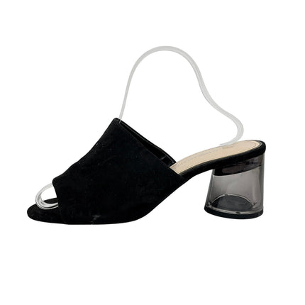 Zara Women's Black Faux Suede Clear Chunky Block Heel Open Toe Mule Heels Sz 7.5