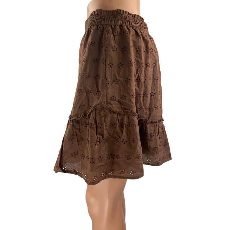 Hollister Brown Floral Embroidered High Waisted Pull On A Line Mini Skirt Size M