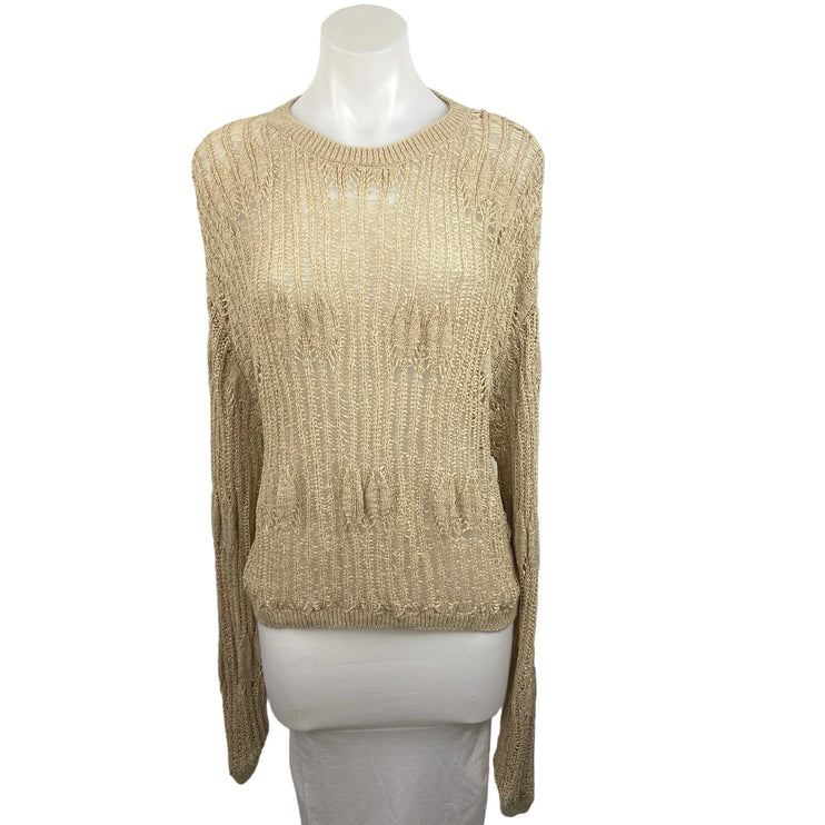 Zara Gold Knit Crochet Crew Neck Long Sleeve Sheer Pullover Sweater Top Size XL