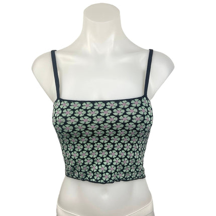 MNG Green Black Floral Square Neck Spaghetti Strap Cropped Tank Top Size XS