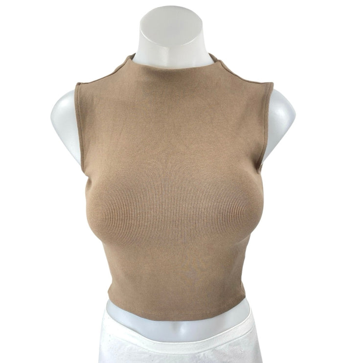 Zara Beige Tan Sleeveless Ribbed Knit Mock Neck Sweater Vest Crop Top Size S