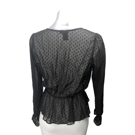 Aqua Black Long Sleeve Mesh Sheer Polka Dots Peplum Wrap Blouse Top Size S