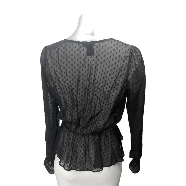 Aqua Black Long Sleeve Mesh Sheer Polka Dots Peplum Wrap Blouse Top Size S
