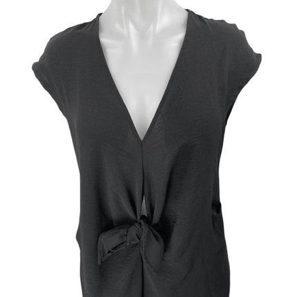 Zara Black Short Cap Sleeve Pocket Deep V Neck Tie Front Wrap Midi Dress Size M