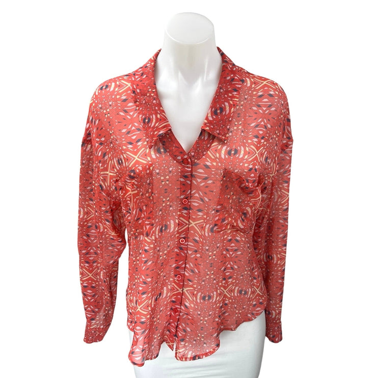 Free People Easy Rider Coral Geometric Semi Sheer Long Sleeve Blouse Top Size XS