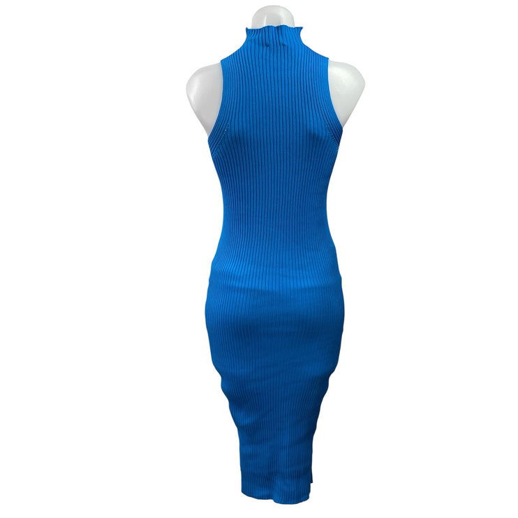 BB'S Blue Sleeveless High Neck Ribbed Knit Sculpt Midi Bodycon Dress Size L