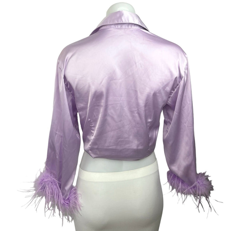 Rumours Purple Lilac Satin Faux Fur Trim Front Tie Crop Blouse Top Size M