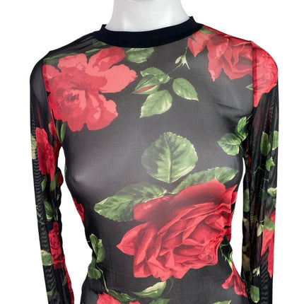 Teenbell Black Red Floral Mesh Sheer Long Sleeve High Neck Bodysuit Top One Size