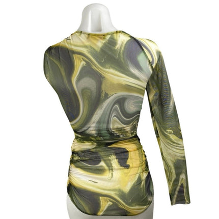 Zara Marble Mesh Tulle Ruched Asymmetric One Shoulder Long Sleeve Blouse Top S
