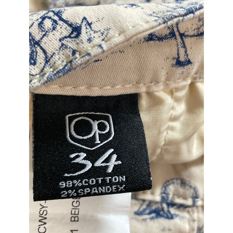 OP Ocean Pacific Men's Beige Hawaiian Beach Bermuda Chino Khaki Shorts Size 34