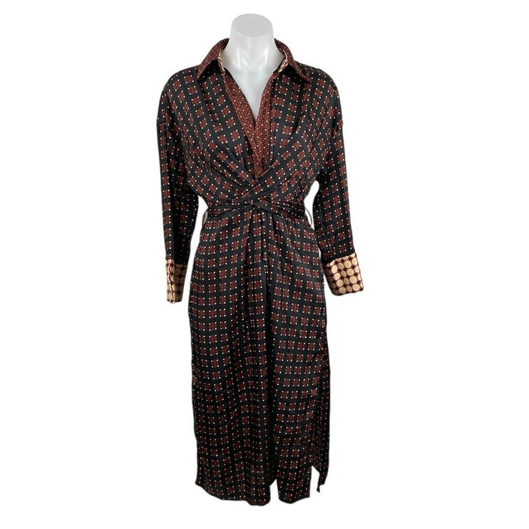 Zara Multicolor Geometric Draped Tie Long Sleeve Midi A-Line Shirt Wrap Dress S