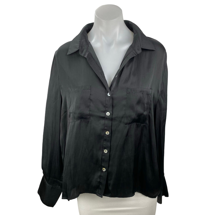 We're All Pretty Girls Black Silky Satin Long Sleeve Button Down Shirt Top Sz L