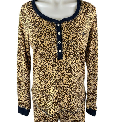 Tommy Hilfiger Beige Black Leopard Henley Thermal Sleepwear Pajama Set Size M