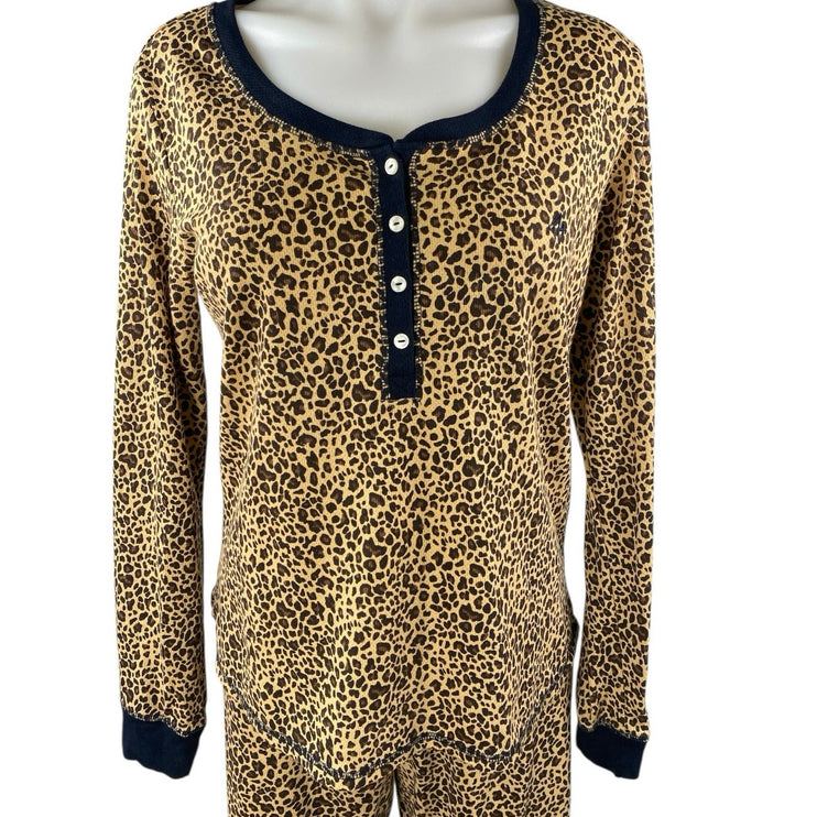 Tommy Hilfiger Beige Black Leopard Henley Thermal Sleepwear Pajama Set Size M