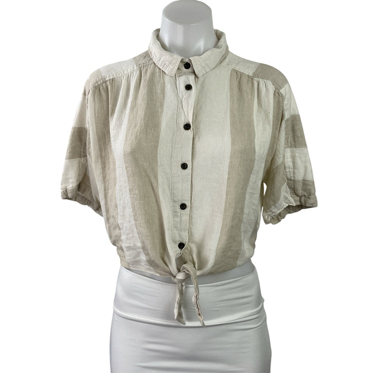 Urban Outfitters BDG Beige Linen Short Sleeve Stripe Tie Button Up Shirt Top S
