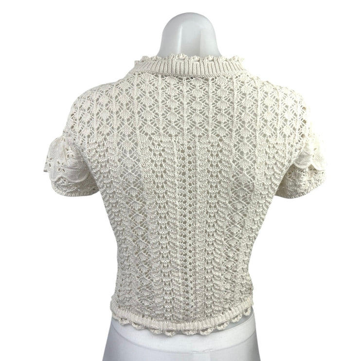 Zara Cream Crochet Open Knit Ruffle Mock Neck Short Sleeve Blouse Top Sz S