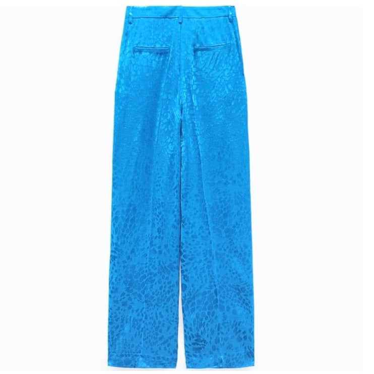 NEW Zara Blue Jacquard Silk Satin Animal Print Wide High Waist Trouser Pants M