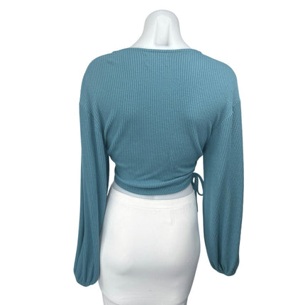 Urban Outfitters Blue Long Sleeve Ribbed Knit Wrap Cropped Sweater Top Size M